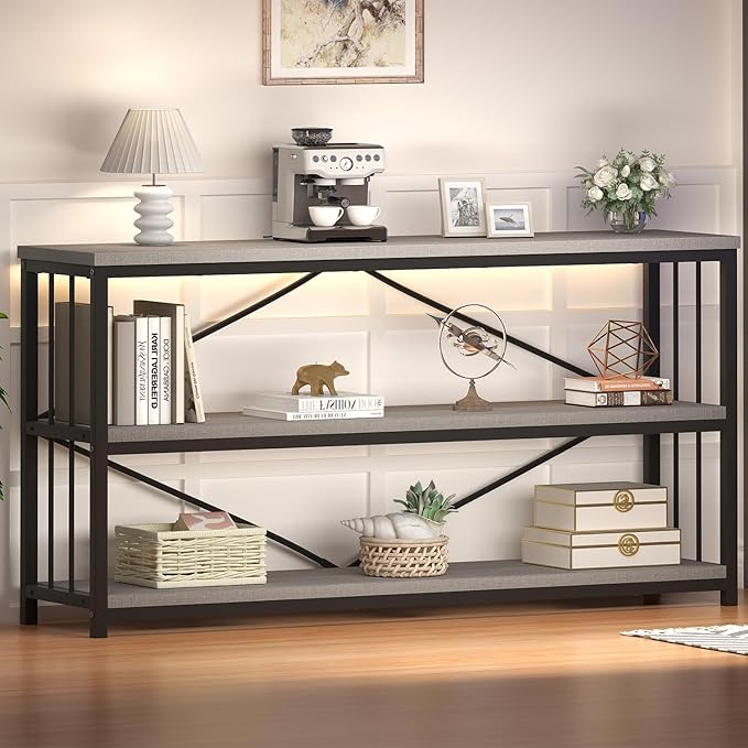 HSH Long Bookshelf, Large Wood Wide Grey Horizontal Book Shelf Under Window, Modern Open Etagere Bookcase for Bedroom Living Room, Industrial Wooden Metal Display Bookshelves for Home Office, 63 Inch