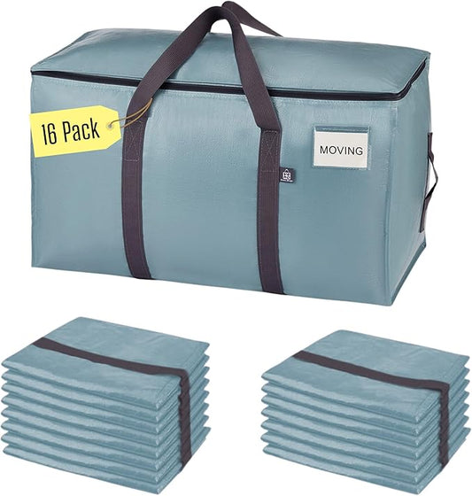 VENO 16 Pack Moving Bags, Upgraded Heavy Duty, Moving Boxes Alternative, Packing Storage Supplies for Dorm Room Essentials with Zipper for Clothes, Large Totes for Packaging (Light Blue, 16 Pack)