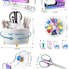 Desk Organizers and Accessories Set with 360-Degree Rotating Pen Holder, Acrylic Stapler, Tape Holder, Staple Remover, Binder/Paper Clips Kit, Scissor and 1 Box of Staples