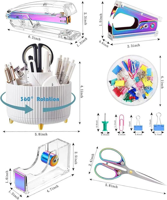 Desk Organizers and Accessories Set with 360-Degree Rotating Pen Holder, Acrylic Stapler, Tape Holder, Staple Remover, Binder/Paper Clips Kit, Scissor and 1 Box of Staples