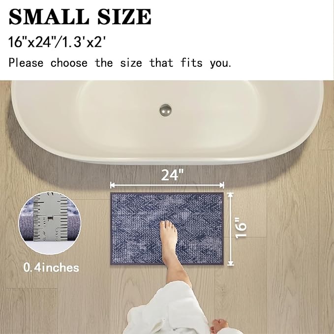 Woven Bath Mat, Modern Bathroom Rug Non-Slip, Washable, Ultra-Absorbent, Quick-Drying Minimalist Bathroom Decor(Blue, 24"x16")