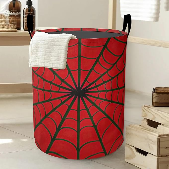Red Spider Web Laundry Basket-Large Foldable Hamper Holder Portable Tall Collapsible Laundry Hamper Storage Basket Bin with Handles, Canvas & Waterproof lining for Household Items