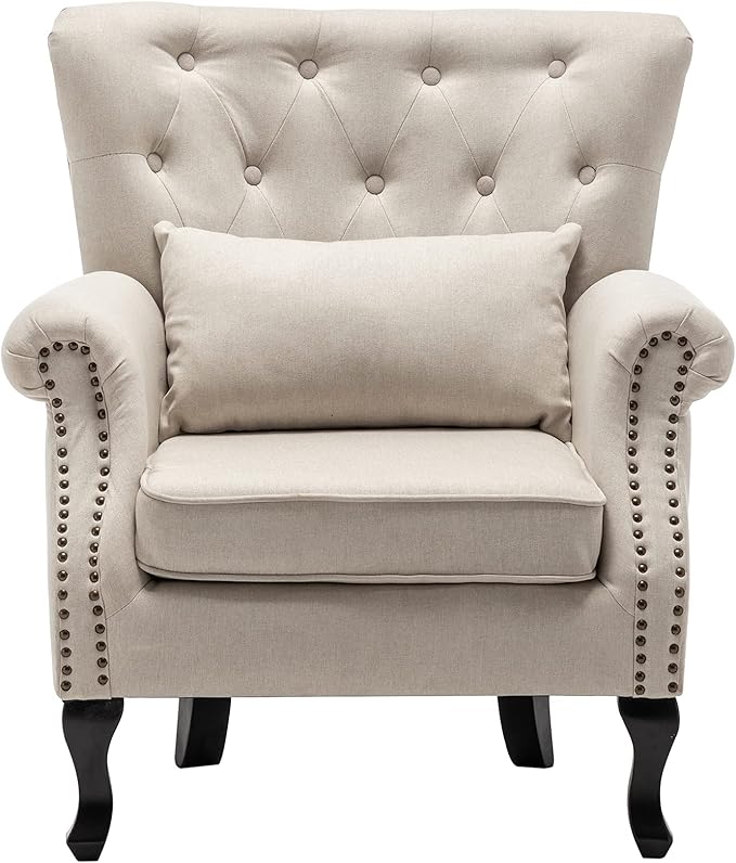 Mid Century Accent Chair for Living Room, Linen Fabric Button Tufted Armchair Wingback Club Chair, Modern Single Sofa Lounge Chair with Pillow for Reception/Bedroom, Beige