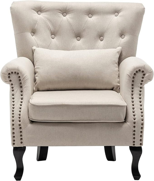 Mid Century Accent Chair for Living Room, Linen Fabric Button Tufted Armchair Wingback Club Chair, Modern Single Sofa Lounge Chair with Pillow for Reception/Bedroom, Beige