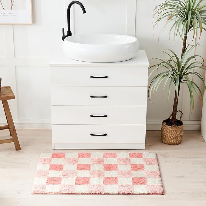 CozeCube Bath mats for Bathroom Non Slip, Fluffy Absorbent Microfiber Bath mat Washable, Aesthetic Bathroom Rugs, Large Blossom Pink Checkered Bath mat, Blossom Pink, 36" x 24"