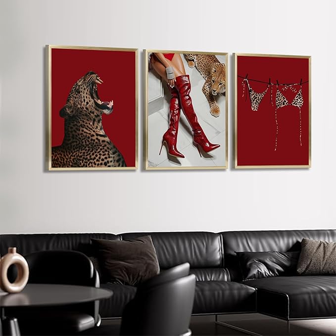 XLYFVLGF 3Pcs Red Fashion Leopard Wall Art Cheetah Wall Decor Pictures Stylish long boots print Bikini Painting Artwork for Living Room Bedroom Bathroom Corridor Home Decoration 16x24in Poster