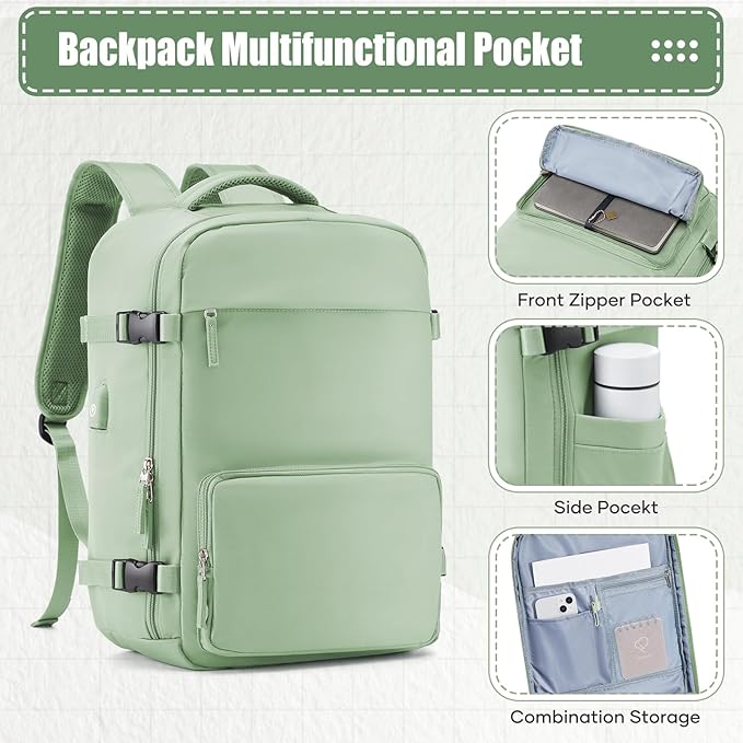 suwasp Vacuum Compression Travel Backpack with Electric Vacpack Pump, Vacuum Backpack Carry on Flight Approved, Personal Item Travel Storage Space Saver Bags for Women Men, Light Green