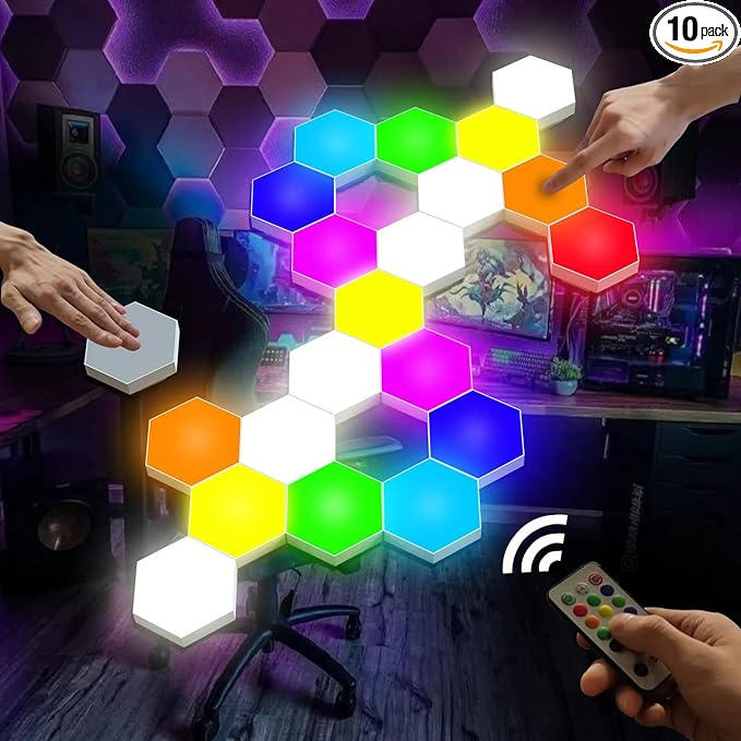 Hexagon Lights, Smart LED Wall Lights with Remote, 13 Colors Touch-Sensitive DIY Modular Assembled RGB Wall Panels, Hex Light with USB-Power for Autism, Game Room Decor, Party (10 Pack)