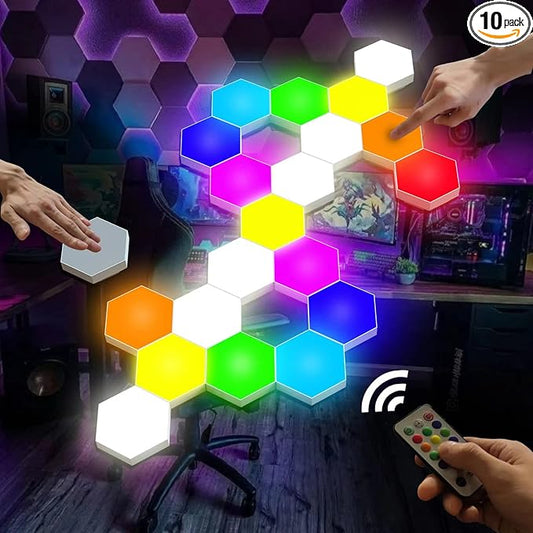 Hexagon Lights, Smart LED Wall Lights with Remote, 13 Colors Touch-Sensitive DIY Modular Assembled RGB Wall Panels, Hex Light with USB-Power for Autism, Game Room Decor, Party (10 Pack)