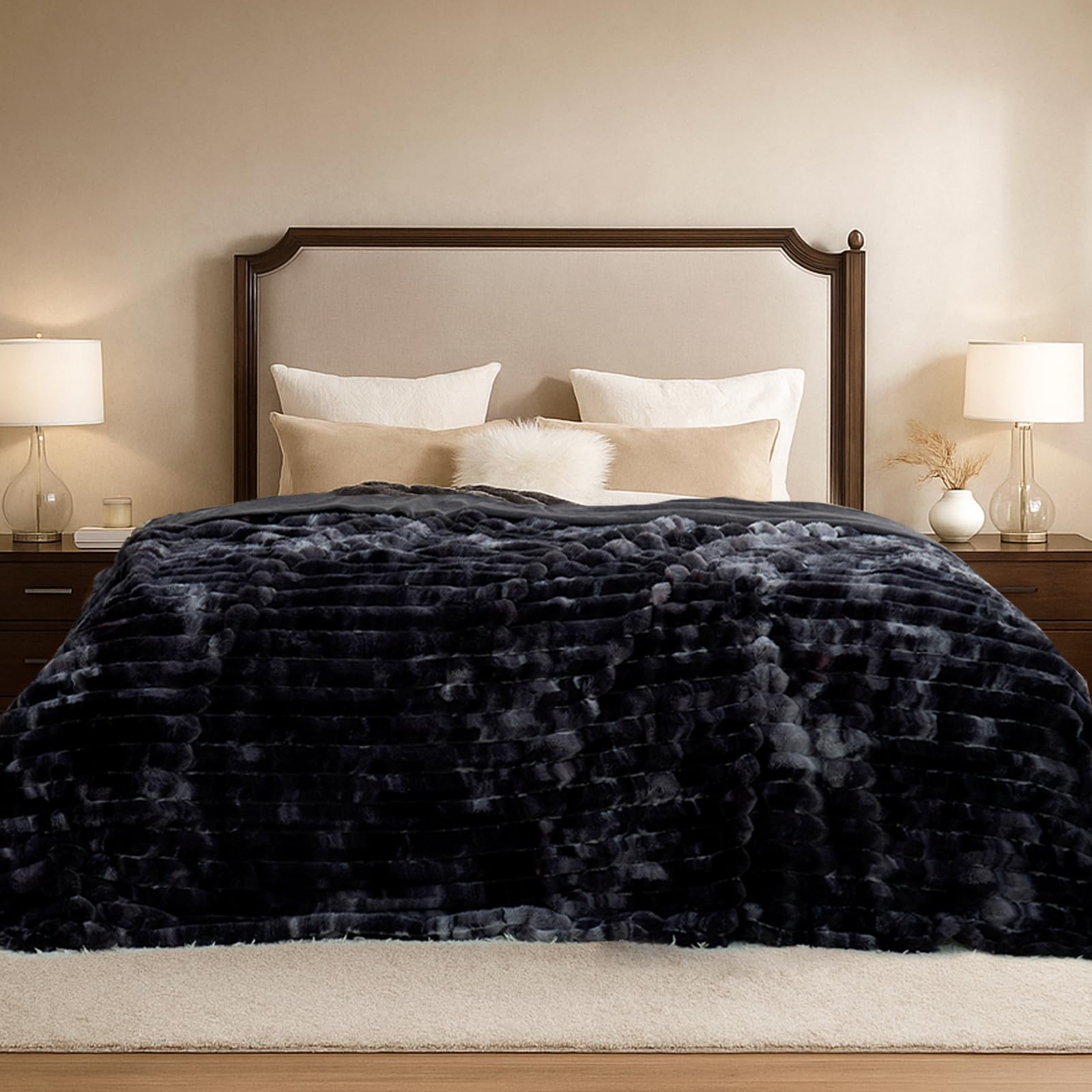 Cozy Bliss Faux Fur Throw Blanket for Couch, Cozy Warm Plush Striped Blanket for Sofa Bedroom Living Room, 50 * 60 Inches Sage Green Dormly