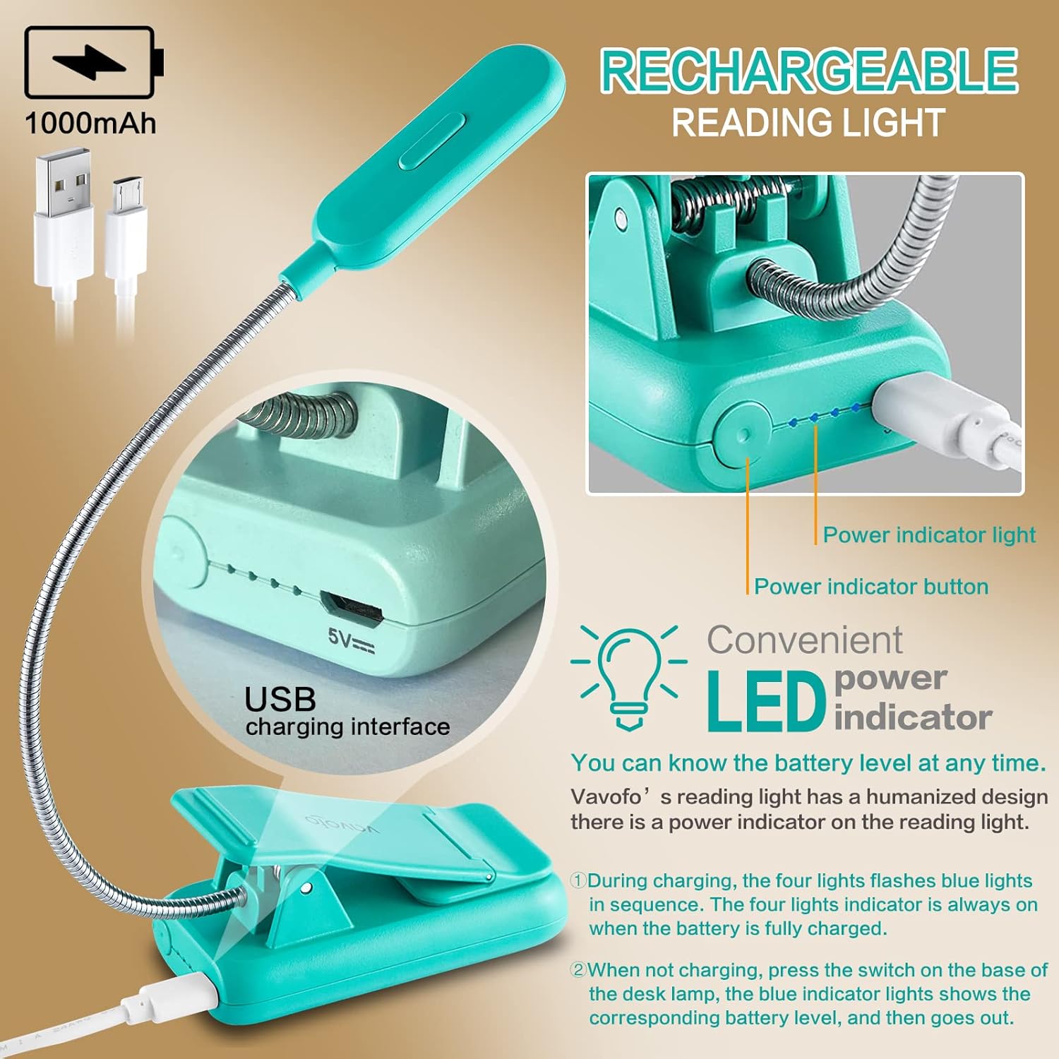 VAVOFO Clip On Book Light for Bed Kids, 7 LED Reading Light with 9-Level Warm Cool White Daylight, Eye Care Lamp with Power Indicator for Bookworms (Blue) Dormly