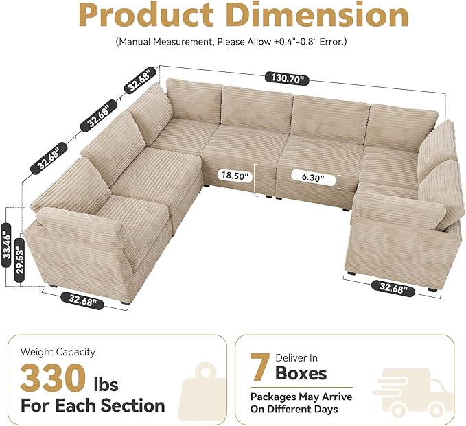 Large 7 Seat Modular Sectional Sofa with Ottoman Seat Corduroy Sleeper Sectional Sofa Bed Oversized Convertible Modular Couch for Living Room