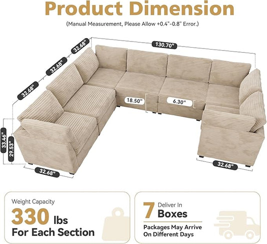 Large 7 Seat Modular Sectional Sofa with Ottoman Seat Corduroy Sleeper Sectional Sofa Bed Oversized Convertible Modular Couch for Living Room
