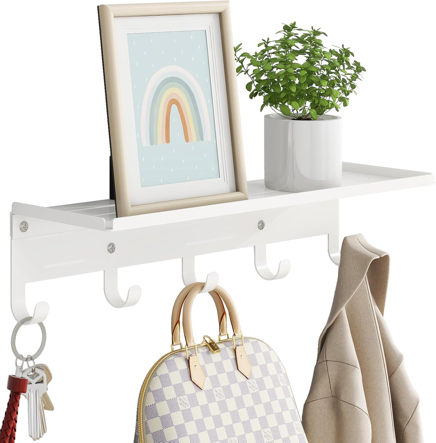 Bethom Wall Shelf with Hooks, Metal Coat Rack Wall Mounted with 5 Hooks, 17 Inch Clothes Hooks Entryway Coat Hangers Storage Clothes, Bags, Purse, Keys for Living Room, Bedroom, Black