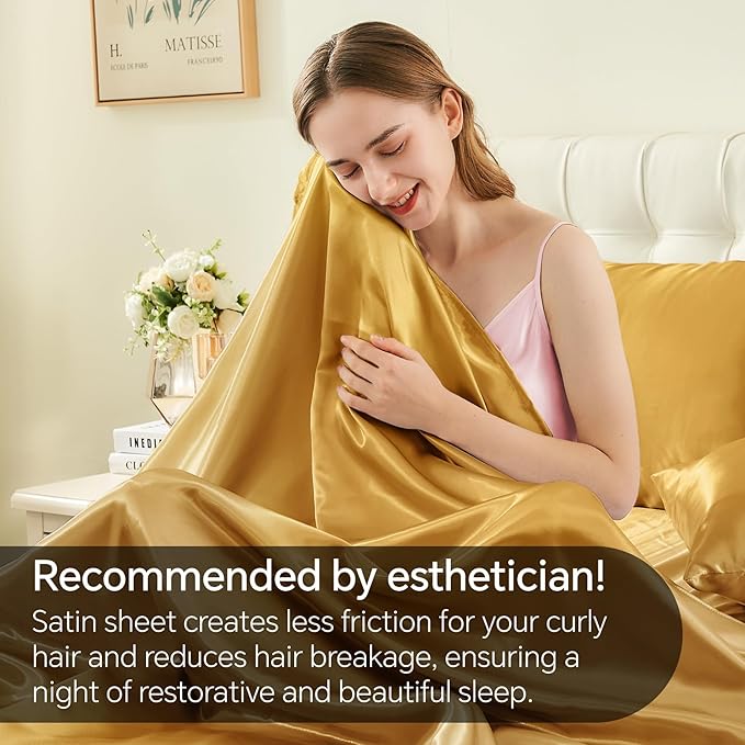 BEDELITE Satin Sheets Twin XL Size Bed Set, Luxury Soft Gold Silky Sheets for Hair and Skin, Similar to Silk Bed Sheets Set 3 Pieces with 1 Deep Pocket Fitted Sheet, 1 Flat Sheet, and 1 Pillowcase