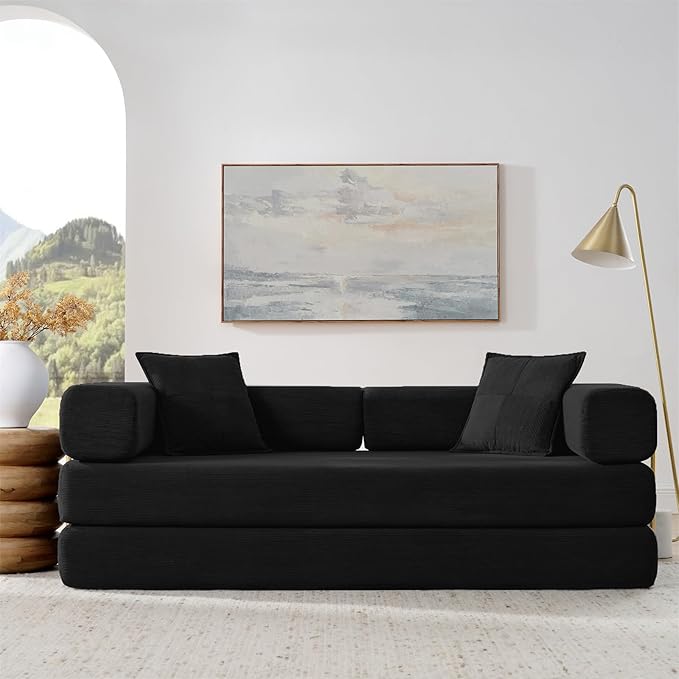 Antetek Convertible Futon Sofa Bed, 3-Seater Modern Corduroy Foam Floor King Size Bed Fold Out Sleeper Lounge Loveseat Sofa Couch with 2 Throw Pillows for Living Room Bedroom Guest Room, Black