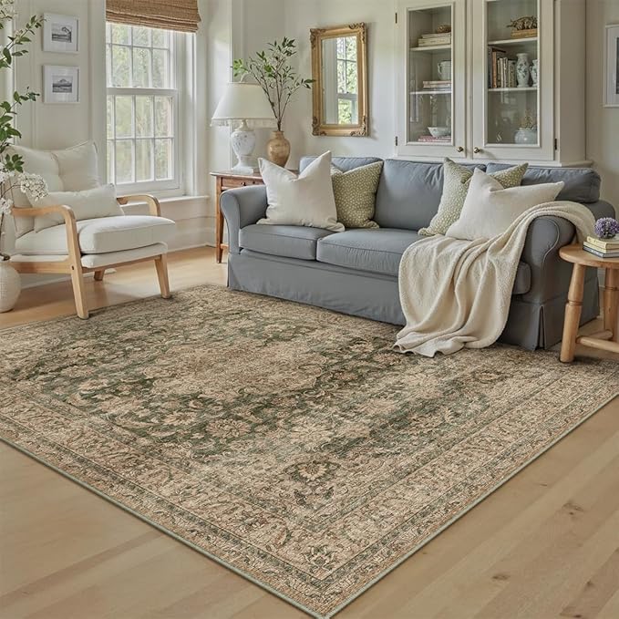 5x7 Washable Vintage Area Rug Green Brown Living Room Bedroom Carpet Non-Slip Soft Low Pile Distressed Indoor Throw Rug for Dining Room Entryway Office