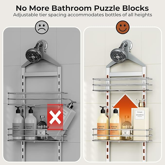 Orimade Aluminum Hanging Shower Caddy Over Head, Adjustable Anti-Slip Bathroom Shelves with Hooks, Rustproof Shower Organizer Storage Rack, Silver 3 Tier