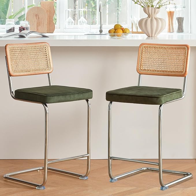 Natural Rattan Bar Stools Set of 2 with Solid Wood Back, 29 Inch Mid Century Modern Counter Height Stools, Green Upholstery Boho Stool for Kitchen Counter with Chrome Metal Legs