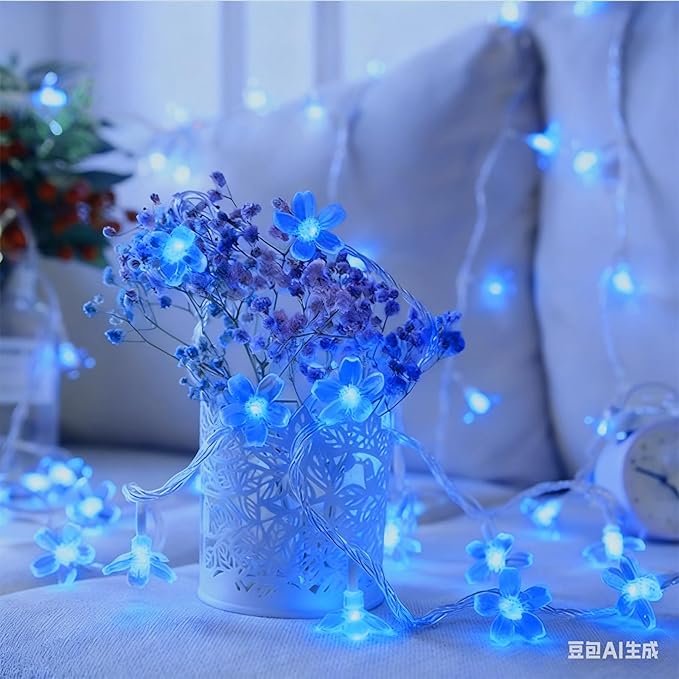 Cute Blue Cherry Blossom Flower Fairy String Lights Indoor Bedroom Decor, 10ft 30 LED Battery & USB Operated Lighted Up Floral lamp for Birthday Wedding Home Valentine Party Decorations (Blue)