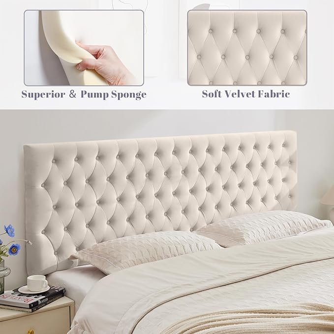 Kingfun Upholstered Queen Headboard Only, Premium Velvet Button Tufted Headboards, Adjustable Solid Wood Head Board, Padded Headboard with Solid Wood Legs in Bedroom (Beige)