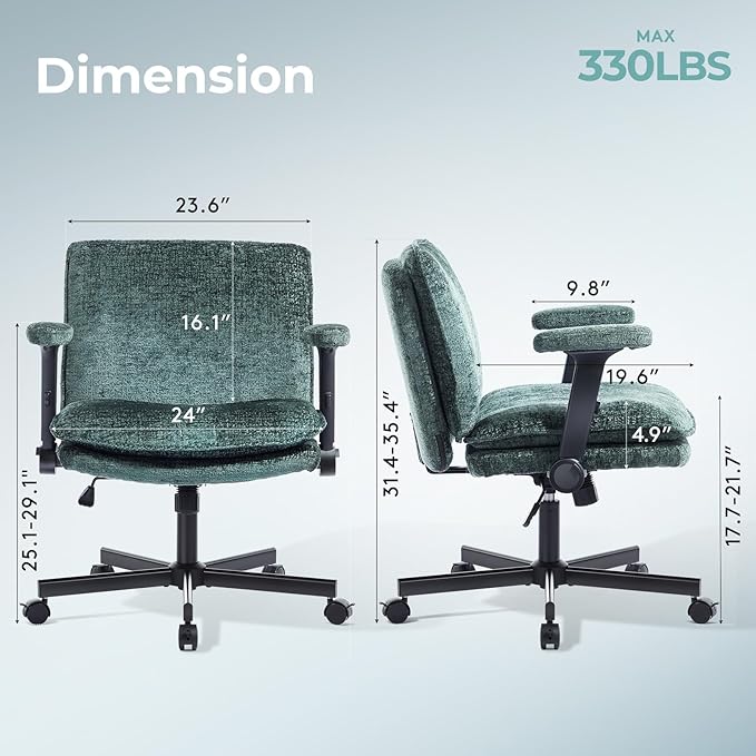 Criss Cross Chair with Flip-Up Arms and Lockable Wheels, Plush Fabric Cross Legged Office Desk Chair,Wider 125°Tilting Adjustable Swivel Computer Chair for Home, Apartment, Bedroom,Green