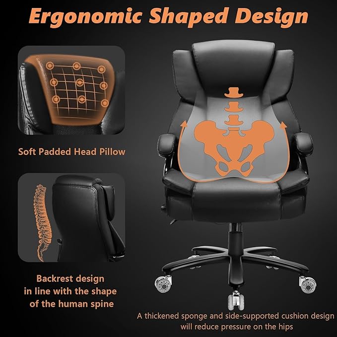500lbs Big and Tall Office Chair with Gel Seat Cushion,Heavy Duty Office Chair for Heavy People, High Back Executive Computer Chair with Adjustable Lumbar Support, Dual Rubber Wheel