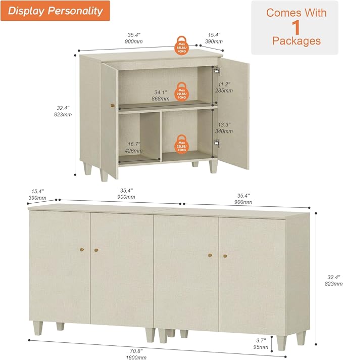 WAMPAT Storage Cabinets with Doors, Set of 2 Wood Sideboards Extra Wide Buffet Storage Cabinets, Accent Cabinets with 6 Compartments Shelf for Living Room, Dining Room, Kitchen, 1 Pack, Dark Beige