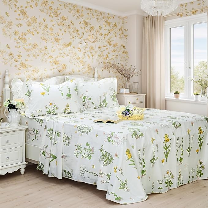 FADFAY 100% Cotton Bed Sheet Set 4-Piece Green Floral Sheet Set 1 Flat Sheet,1 Fitted Sheet and 2 Pillow Cases, Soft Comfortable Bedding Set - Twin Extra Long (Twin XL)