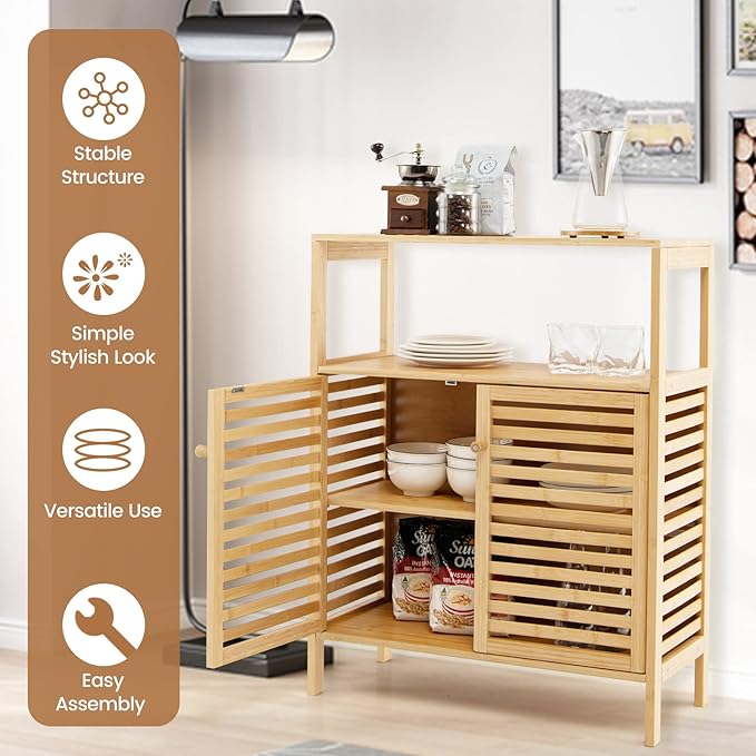 COSTWAY Bamboo Bathroom Cabinet, Freestanding Storage Cabinet Organizer with Louver Doors & Removable Shelf, Bathroom Floor Cabinet for Living Room, Kitchen, Entryway, Natural