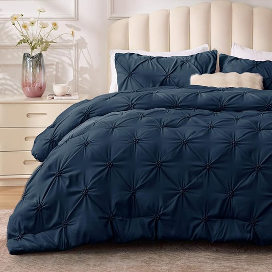 BEDELITE Navy King Size Comforter Set - 3 Pieces Boho Pintuck Bedding Comforter Sets, Lightweight Soft & Warm King Bedding Set with 2 Pillowcases for All Season