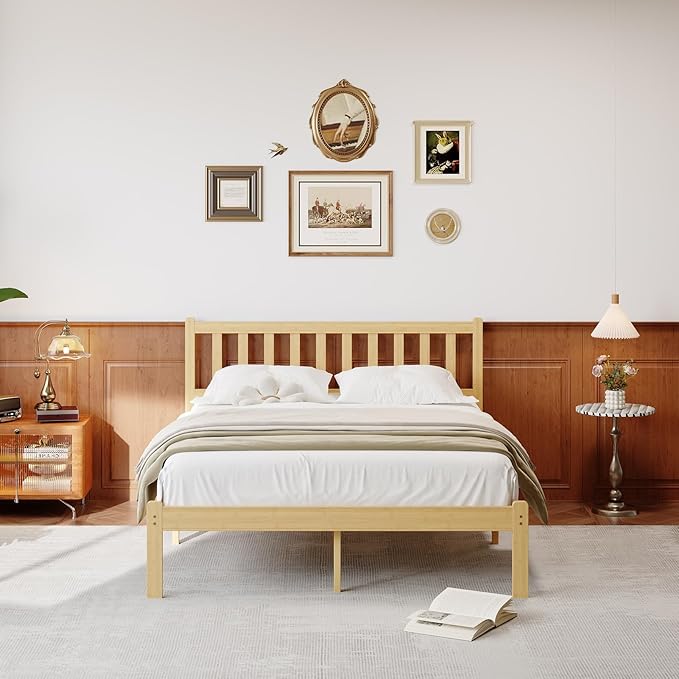 14 in High Solid Bamboo Wood Full Bed Frame with Headboard, Platform Full Size Bed Frame, Heavy Duty, No Box Spring Needed, Nosie Free