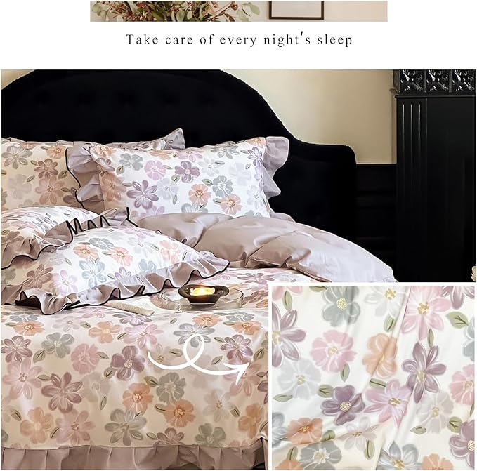 HighBuy Aesthetic Floral Duvet Cover Set King Ruffle Vintage,100% Brushed Cotton Coquette Ruffle Bedding Set,Purple Blush Flowers Bedding Set,Duvet Cover with 2 Pillowcases (20"x36")