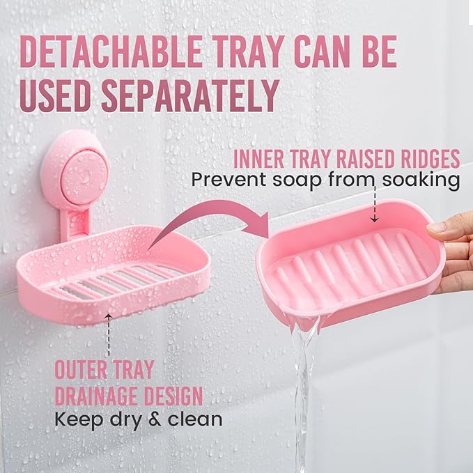 TAILI Soap Dish Bar Holder Suction Cup,SoapSaver with Powerful Vacuum Suction,Sponge Holder for Shower,Bathroom,Tub andKitchen Sink,Universal Shower Accessories,Drill-Free,Removable,2 Pack,Pink