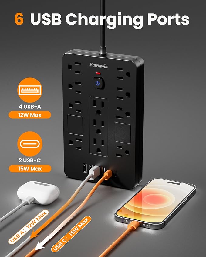 Surge Protector Power Strip - 11 Outlets(1850W/15A) with 6 USB Ports(2 USB C), 6FT Flat Plug Extension Cord, Wall Mount, Black, ETL Listed for Home, Dorm Room