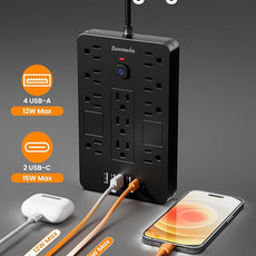 Surge Protector Power Strip - 11 Outlets(1850W/15A) with 6 USB Ports(2 USB C), 10FT Flat Plug Extension Cord, Wall Mount, Black, ETL Listed for Home, Dorm Room
