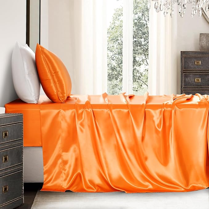 Satin Sheets Twin XL Size - 3 Pieces Luxury Silky Soft Bed Sheets, Wrinkle-Free Burnt Orange Satin Silk Sheet Set with 1 Deep Pocket Fitted Sheet, 1 Flat Sheet, 1 Pillow Case