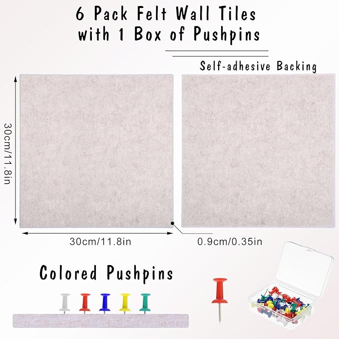 Large Cork Board 36" x 24", 6 Pack Felt Wall Tiles with Colored Pushpins, Bulletin Board with Removable Self-Adhesive Strips, Pin Boards Cork Boards for Walls Office Home-Light Tan