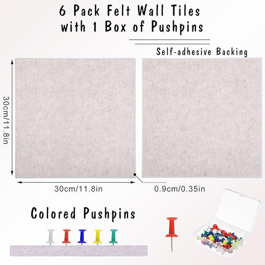 Large Cork Board 36" x 24", 6 Pack Felt Wall Tiles with Colored Pushpins, Bulletin Board with Removable Self-Adhesive Strips, Pin Boards Cork Boards for Walls Office Home-Light Tan