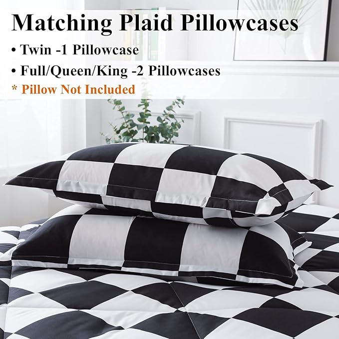 Andency Checkered Comforter Twin(66x90Inch), Black White Plaid Gingham Bed Set for Teen Boys Kids, Lightweight Microfiber Geometric Preppy Bedding, 2 Pieces