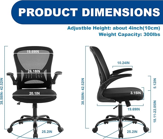Youhauchair Mesh Office Chair, Ergonomic Home Office Desk Chairs with Flip-up Arms and Lumbar Support, Height Adjustable, Black