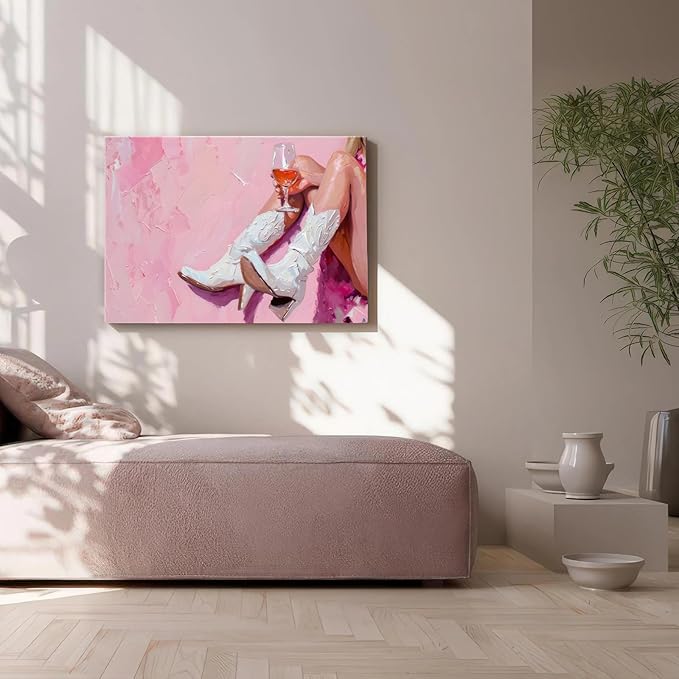 Cowgirl Boots Wall Art Coastal Cowgirl Wall Decor Aesthetic Cowboy Boots with Wine Glass Picture Pink Cowgirl Western Aesthetic Decor Trendy Preppy Girls Room Decor for Bedroom Dorm Framed 16 X 24 in