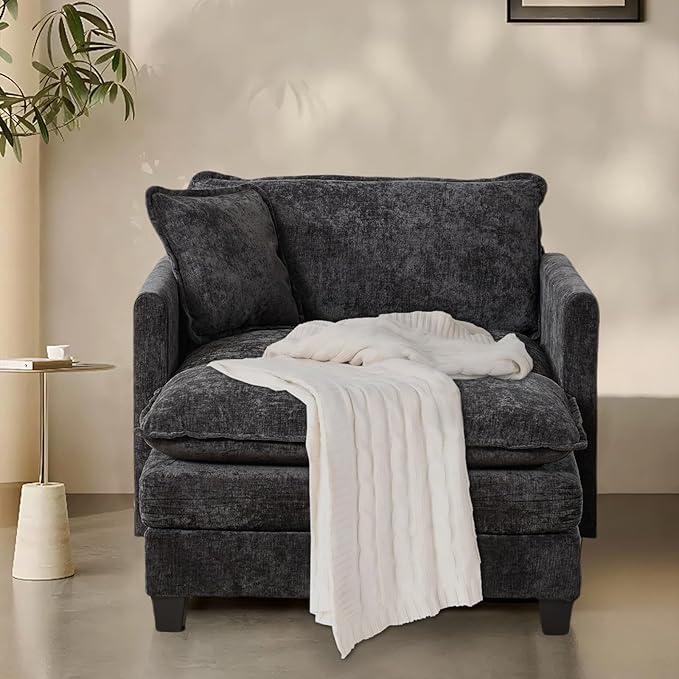 SoarFlash Chenille Sectional Sofa, Comfy Modular Single Chair with Ottoman, Modern Recliner Deep Seat Sofa Set for Living Room,Black