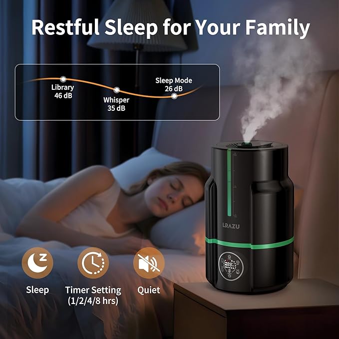 6L/1.6Gal Humidifiers for Bedroom, 60H Runtime 26 dB Quiet Supersized Cool Mist Air Humidifiers for Large Room, Baby Nursery, Plant, Indoor, Night Light, Easy to Clean, Precise Humidity Control