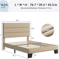 Allewie Twin Size Platform Bed Frame with Fabric Upholstered Headboard and Wooden Slats Support, Fully Upholstered Mattress Foundation/No Box Spring Needed/Easy Assembly, Beige