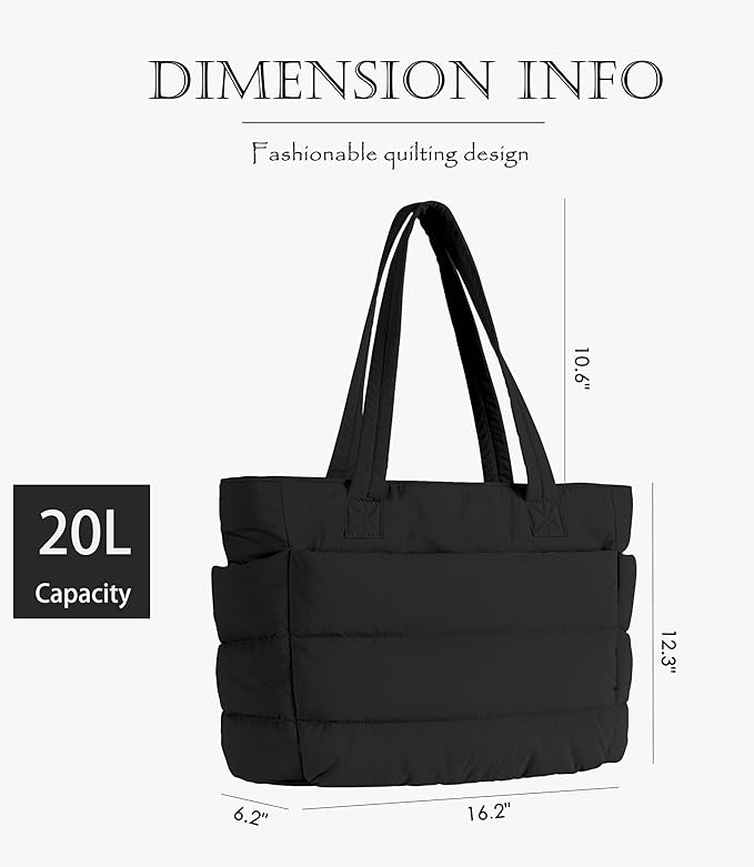 Puffer Tote Bag for Women, Cute Quilted Carryall with Zippered Compartments Shoulder Bag Handbag for Work, Travel, Gym