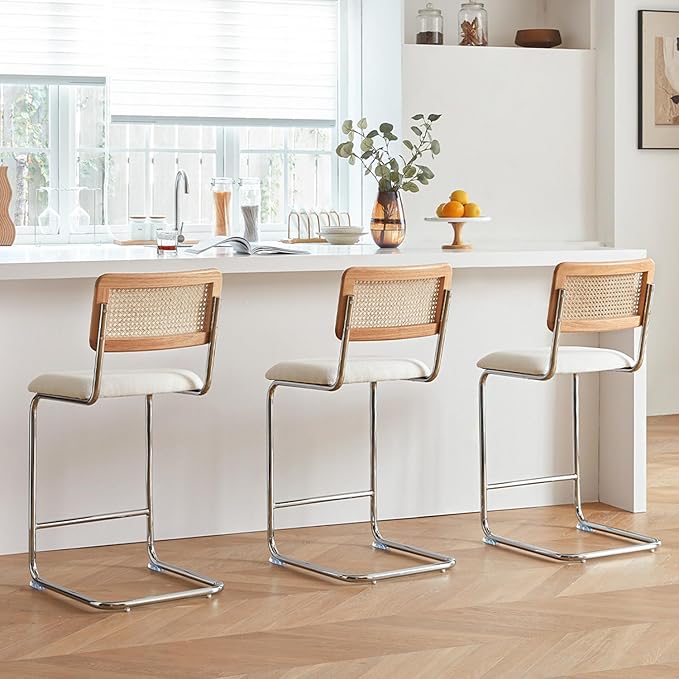 Natural Rattan Counter Height Stools Set of 3 with Solid Wood Back, 29 Inch Mid Century Modern Cesca Bar Stools, White Upholstery Boho Stool for Kitchen Counter with Chrome Metal Legs