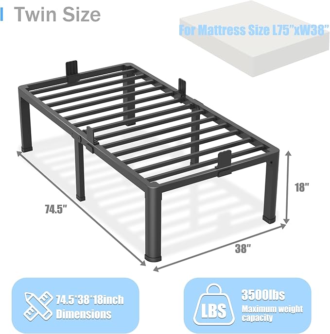 18 inch Twin Bed Frame with Round Corner Legs Mattress Slide Stopper,3500 lbs Heavy Duty Metal Platform,No Box Spring Needed,Steel Slat Support,Easy Assembly,Noise Free
