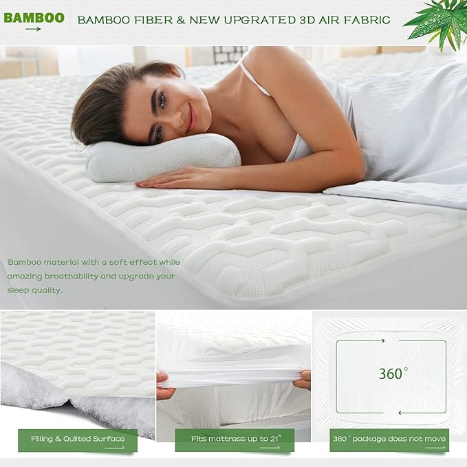 GRT Twin XL Size Waterproof Mattress Protector Rayon Bamboo - 3D Air Fiber Cooling Mattress Protector Cover, Breathable Mattress Pad Noiseless 8''-21'' Deep Pocket Machine Washable