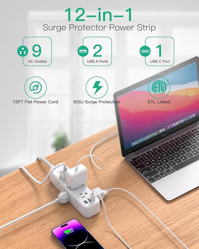 Mifaso Extension Cord, Surge Protector Power Strip, Long Extension Cord with 9 Outlets 3 USB Ports, Extension Cord with Multiple Outlets, USB Power Strip for Dorm Room Essentials, College(15FT, White)